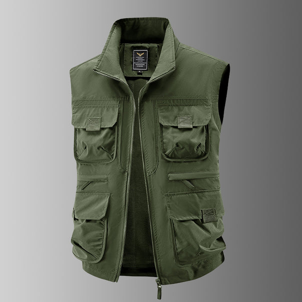 Men's Multi-Pocket Utility Vest with High Collar Two-Way Zipper & Mesh Lining Mune Fashion