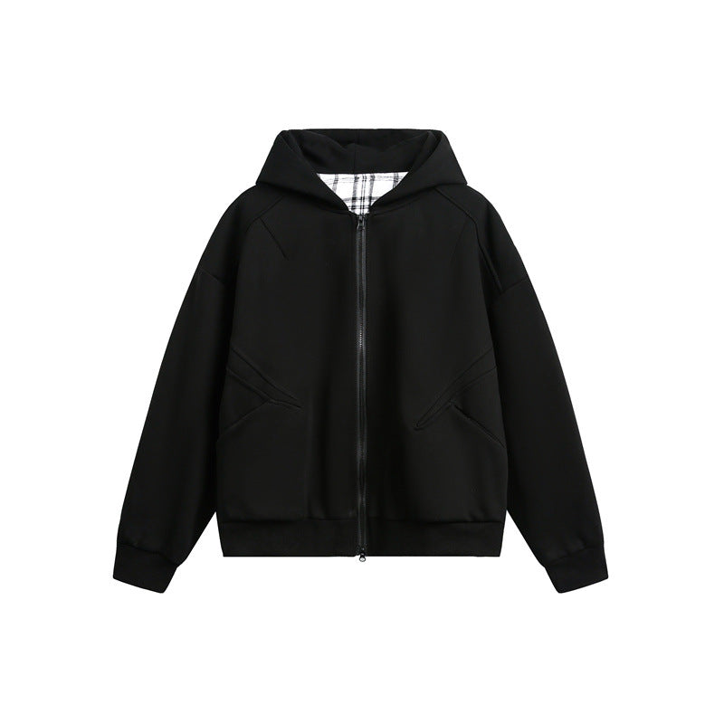 Unisex Hooded Sweat Jacket with Two-Way Zipper and Checkered Hood Lining Mune Fashion