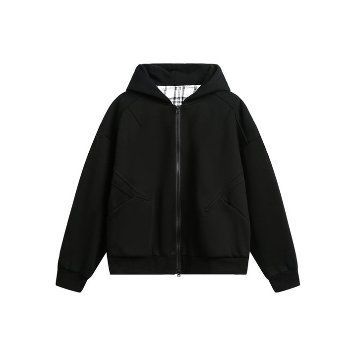 Unisex Hooded Sweat Jacket with Two-Way Zipper and Checkered Hood Lining Mune Fashion
