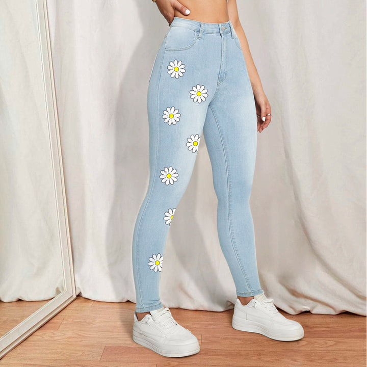 Women's High-Waist Skinny Jeans with printed Daisies and figure-shaping Stretch Mune Fashion