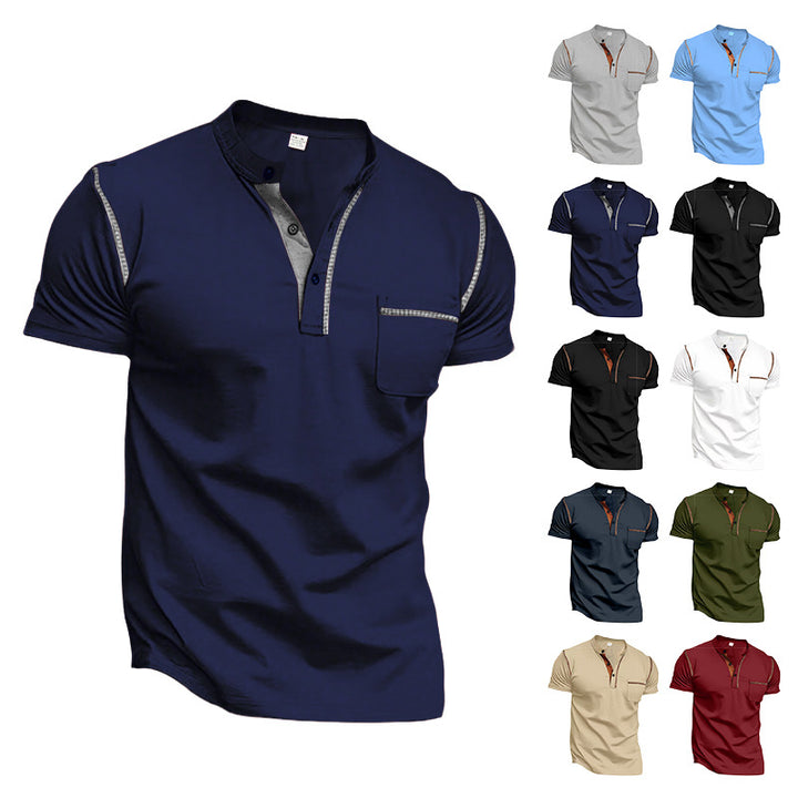 Men's modern short-sleeve Henley with stand collar, contrast stitching, and patch chest pocket Mune Fashion