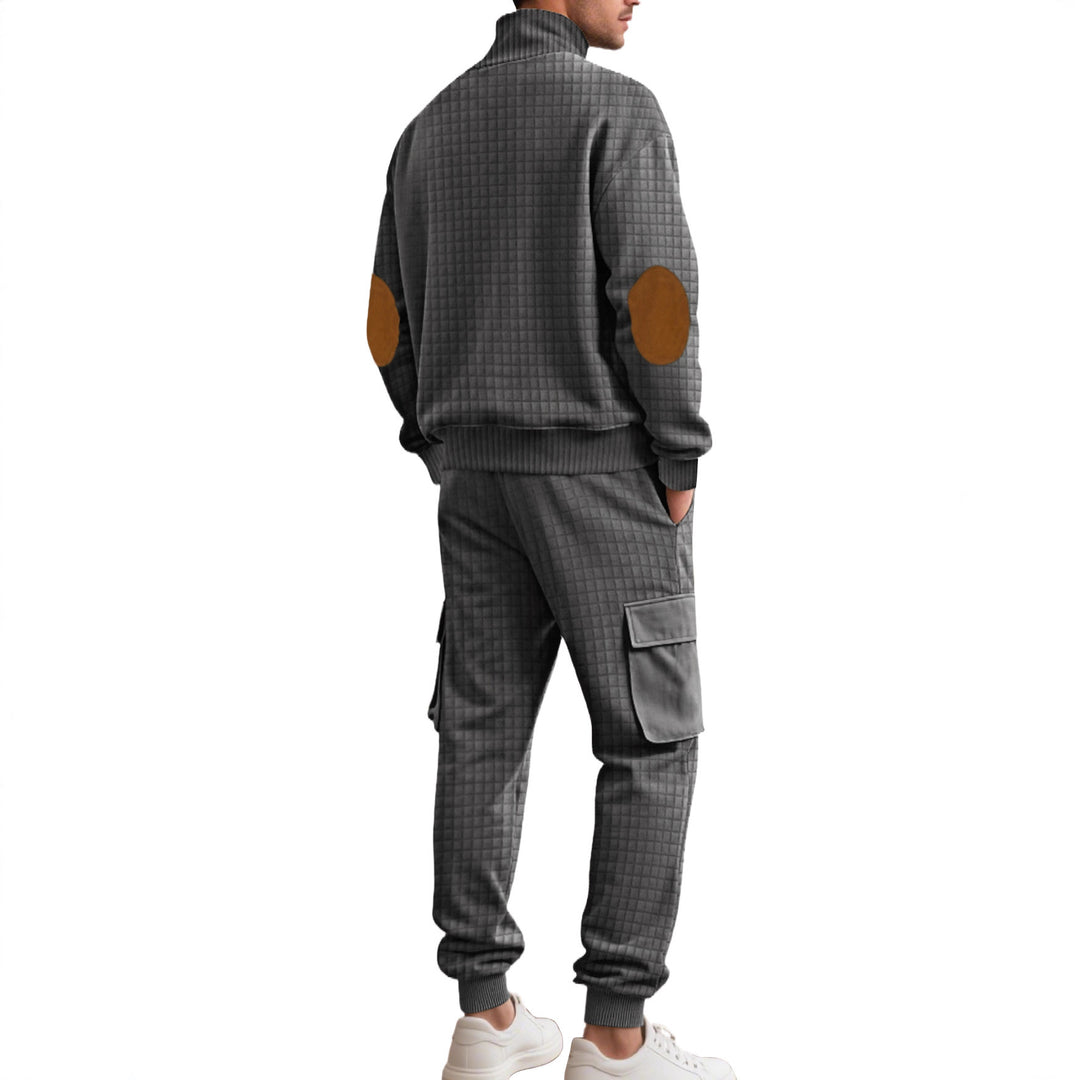 Men's check relief sweat set with stand collar button placket, velour elbow patches and cargo jogger Mune Fashion