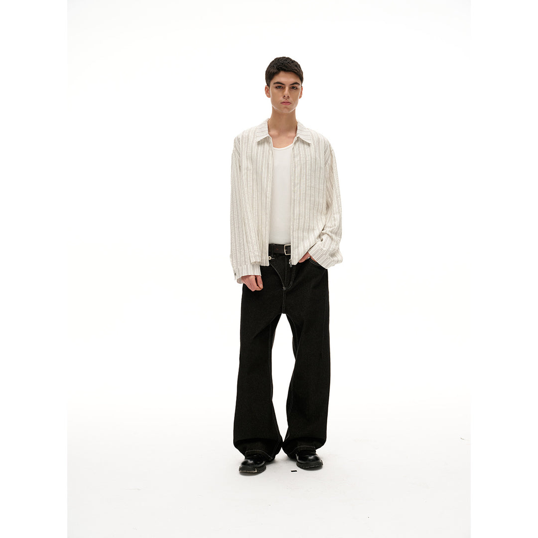 Unisex Lightweight Striped Overshirt Jacket with Shirt Collar and Concealed Zipper Mune Fashion