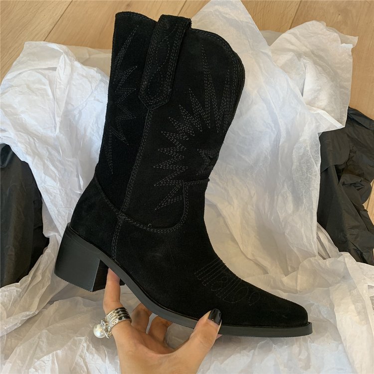 Women's suede western boots with pointed toe and mid-high block heel Mune Fashion
