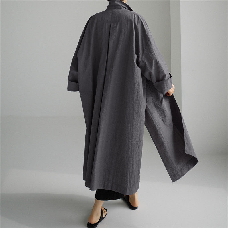 Ladies Lightweight Long Duster in Crinkle Look with Stand Collar, Deep Side Slits and Pockets Mune Fashion