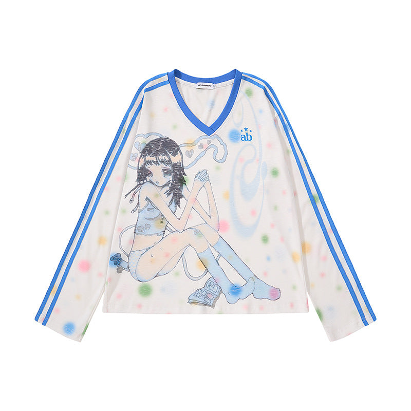 Women's Cropped Mesh Long Sleeve with V-Neck, Anime Print and Contrast Stripes Mune Fashion