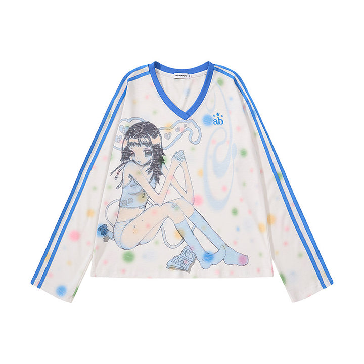 Women's Cropped Mesh Long Sleeve with V-Neck, Anime Print and Contrast Stripes Mune Fashion
