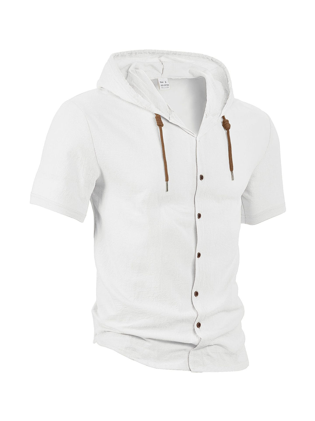 Men's crinkled short-sleeve hooded shirt made of cotton with button placket and drawstring Mune Fashion