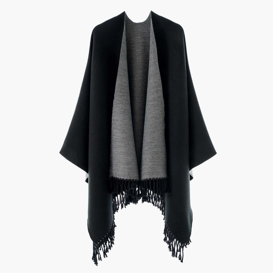 Women's Reversible Wool Blend Poncho with Fringe Hem and Open Front Mune Fashion