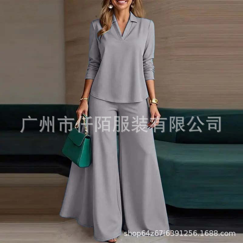 Ladies Elegant Two-Piece Palazzo Set with Shirt Collar Top and Wide Leg Mune Fashion