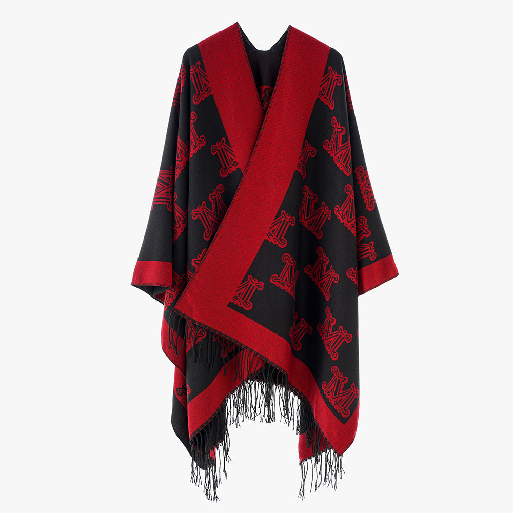 Women's Jacquard Cape with Monogram Pattern, Open V-Neck, and Fringe Hem Mune Fashion