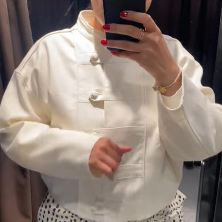 Women's Cropped Boxy Jacket with Chinese Stand Collar and Decorative Button Placket Mune Fashion