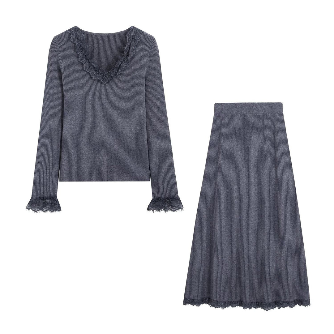 Women Two-Piece Ribbed Knit Set with Lace Trim Mune Fashion