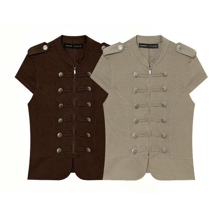 Women’s short-sleeved military-inspired vest with decorative straps and metal buttons Mune Fashion