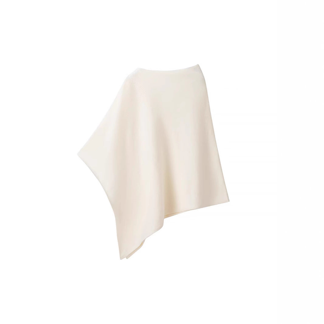 Women's Fine Knitted Poncho with Asymmetrical Hem and Boat Neck Mune Fashion