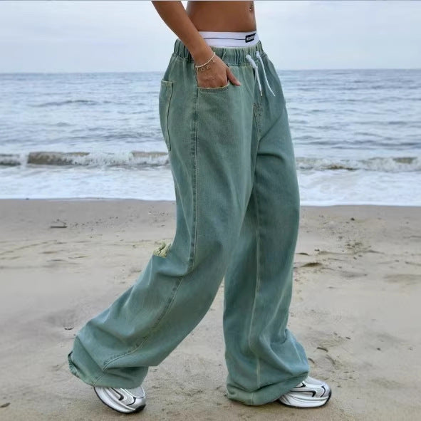 Women's Wide Vintage Denim Pants with Elastic Drawstring Waist and Floor-Length Baggy Cut Mune Fashion