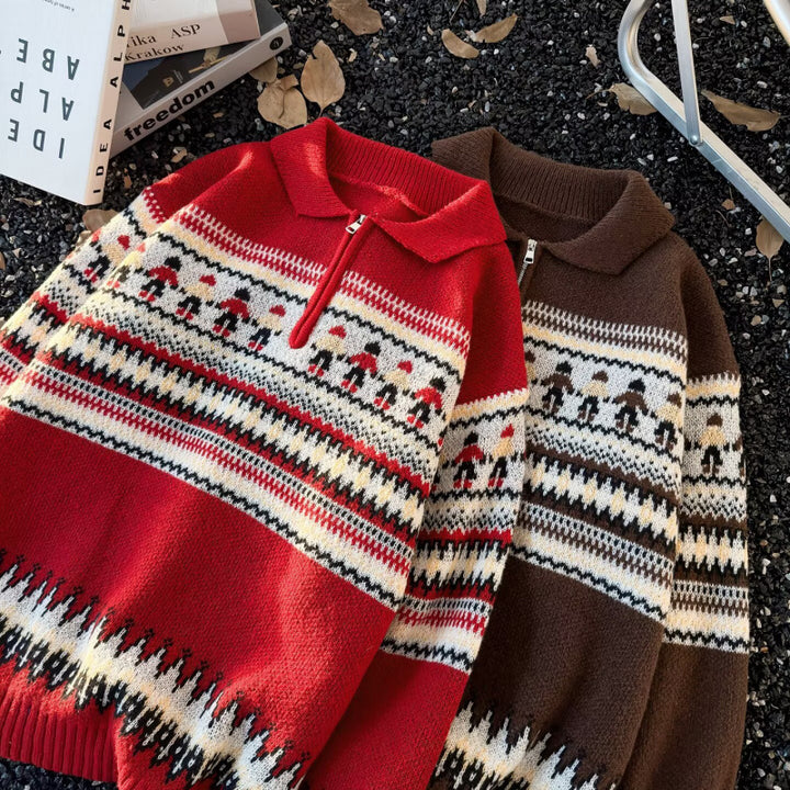 Women's Jacquard Half-Zip Sweater with Polo Collar and Norwegian Intarsia Mune Fashion
