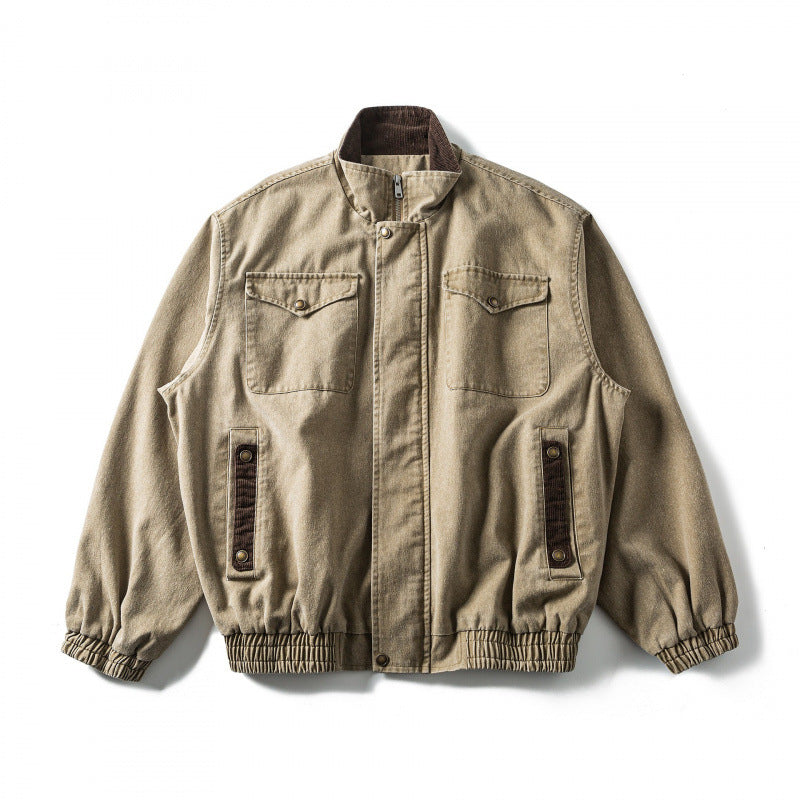 Men's Boxy Canvas Blouson Jacket with Cord Trim, Stand-Up Collar and Elastic Hem Mune Fashion
