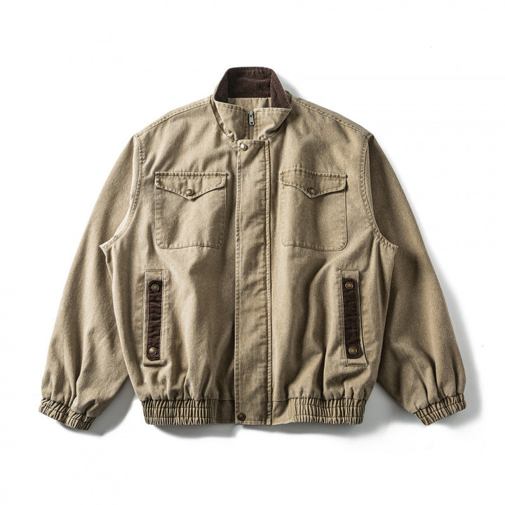 Men's Boxy Canvas Blouson Jacket with Cord Trim, Stand-Up Collar and Elastic Hem Mune Fashion