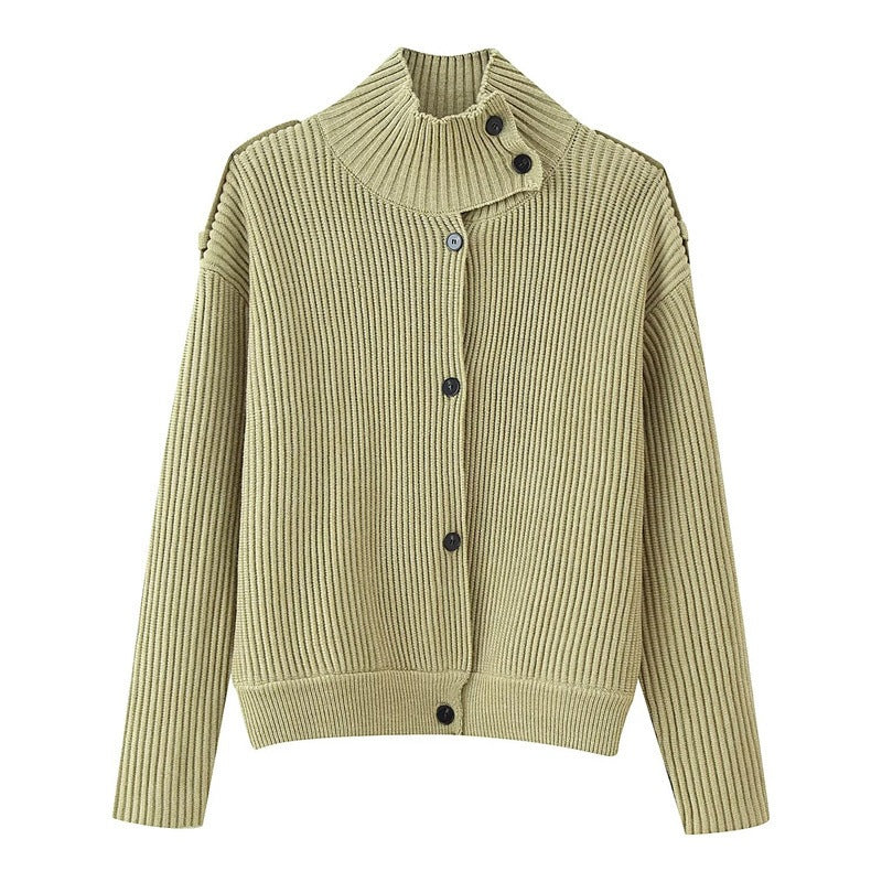 Women's Ribbed Knitted Cardigan with Stand-up Collar and Shoulder Button Detail Mune Fashion