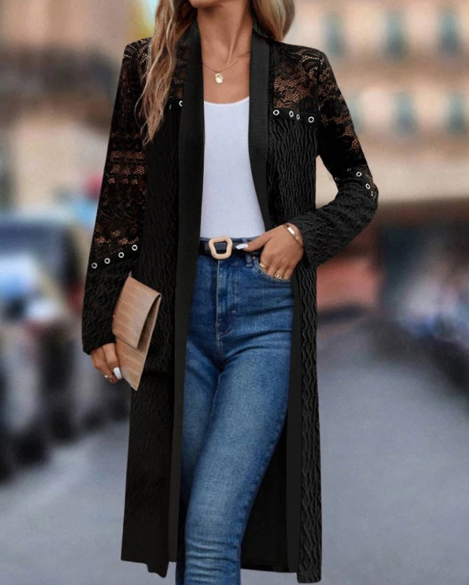 Women's longer lace cardigan with eyelet trim, transparent sleeves, and structured knit look Mune Fashion