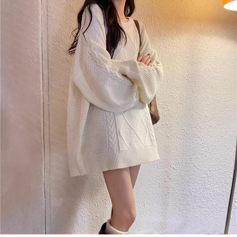 Women Oversize Cable Knit Long Sweater with Round Neck and Balloon Sleeves Mune Fashion