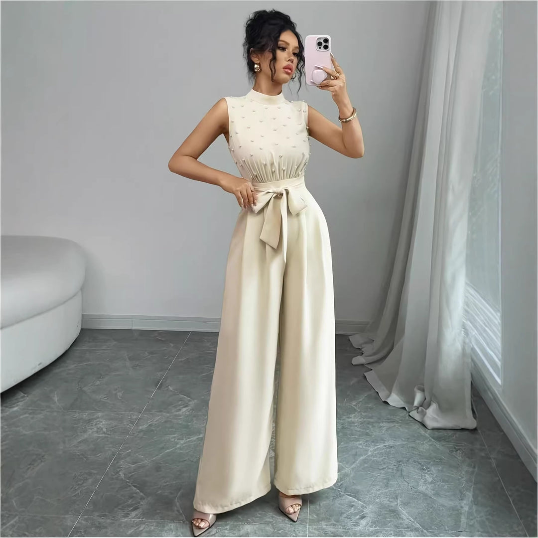 Women's Elegant Jumpsuit with Pearl Embellishment, Stand Collar and Wide Palazzo Leg Mune Fashion