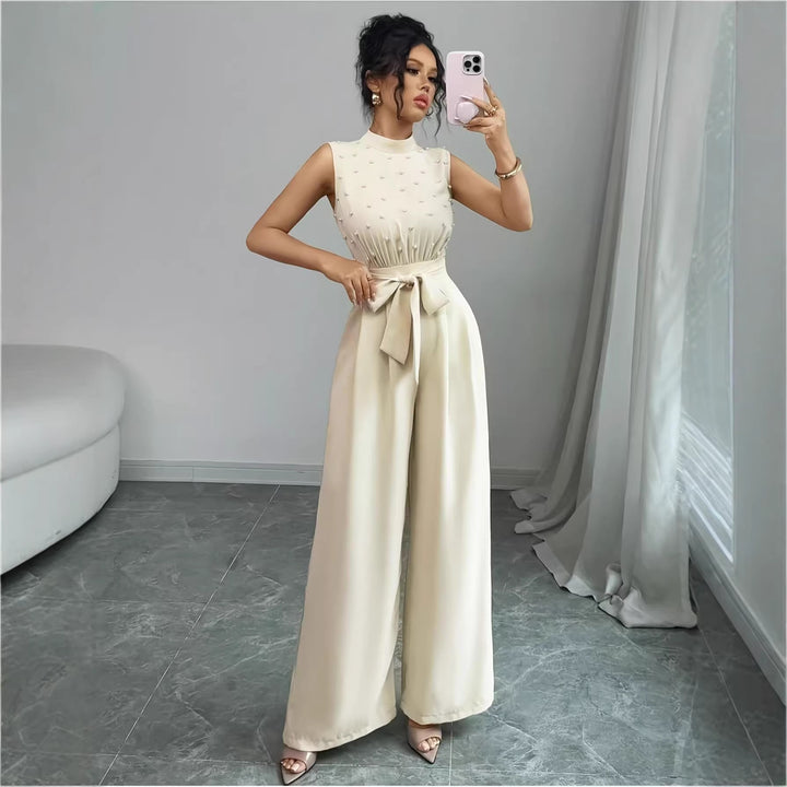 Women's Elegant Jumpsuit with Pearl Embellishment, Stand Collar and Wide Palazzo Leg Mune Fashion