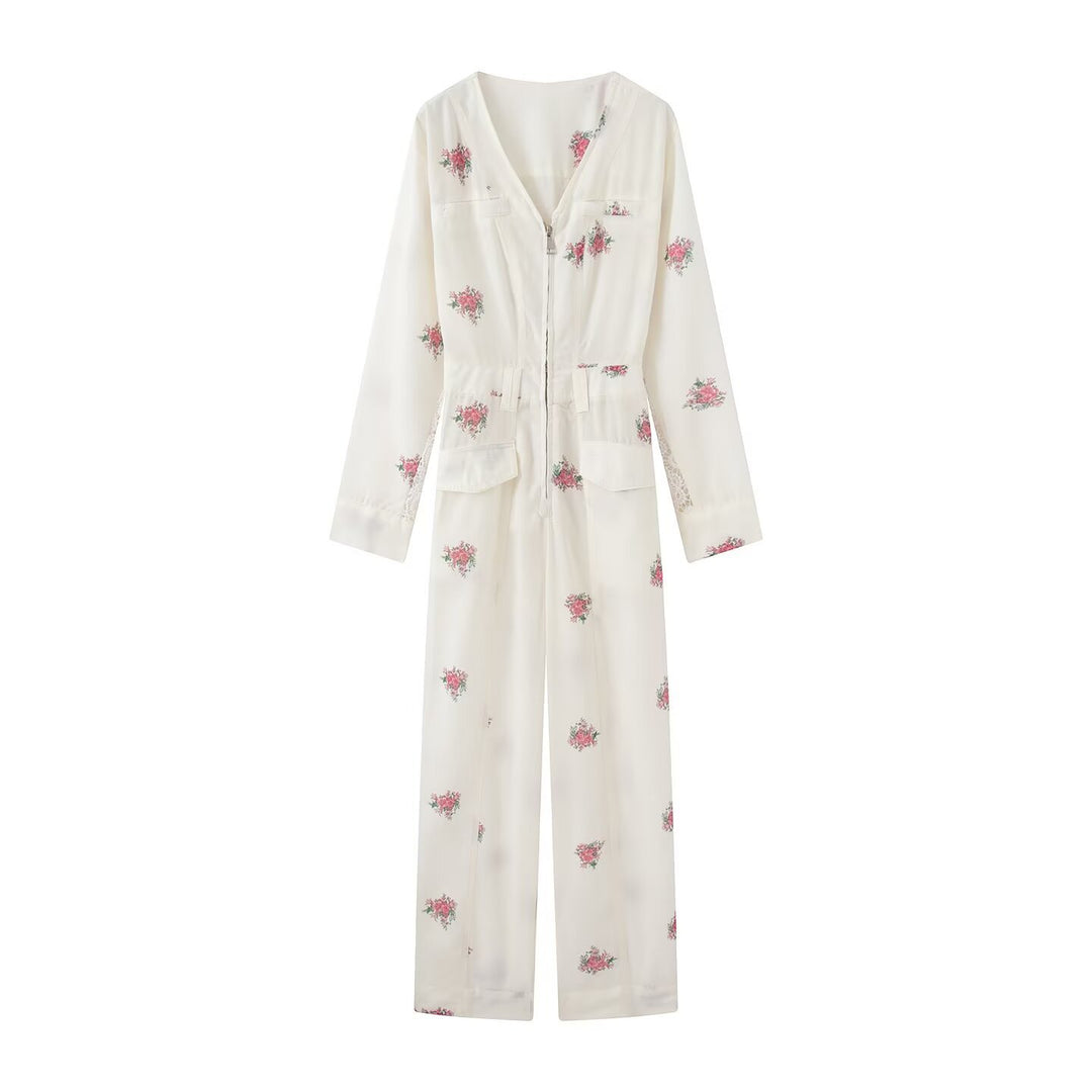 Women Floral Satin Jumpsuit with V-Neck, Zipper and Drawstring Waist Mune Fashion