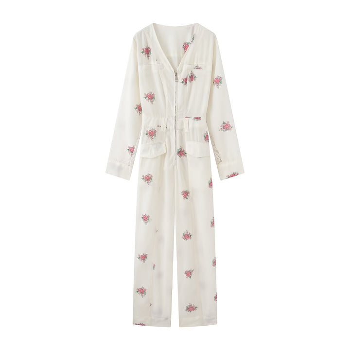 Women Floral Satin Jumpsuit with V-Neck, Zipper and Drawstring Waist Mune Fashion