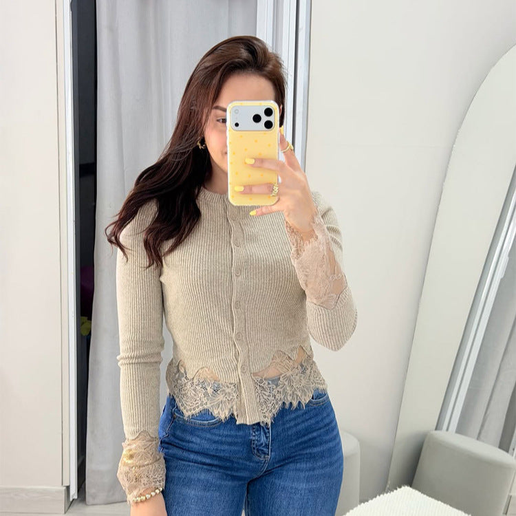 Women's Short Ribbed Knit Cardigan with Crochet Lace Trim & Delicate Button Placket Mune Fashion