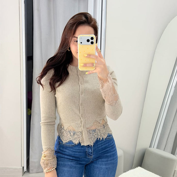 Women's Short Ribbed Knit Cardigan with Crochet Lace Trim & Delicate Button Placket Mune Fashion