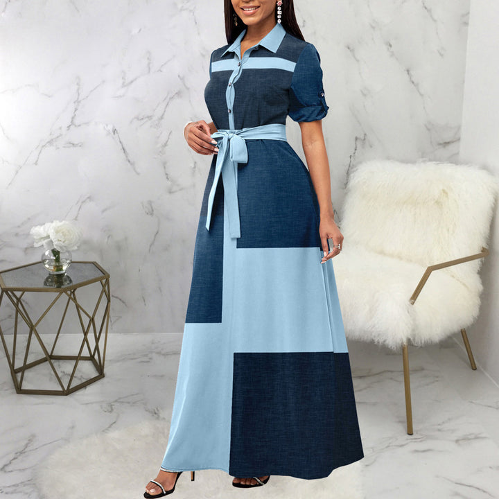 Ladies Maxi Dress Shirt Blouse Style with Waist Belt and Block Patch Design Mune Fashion