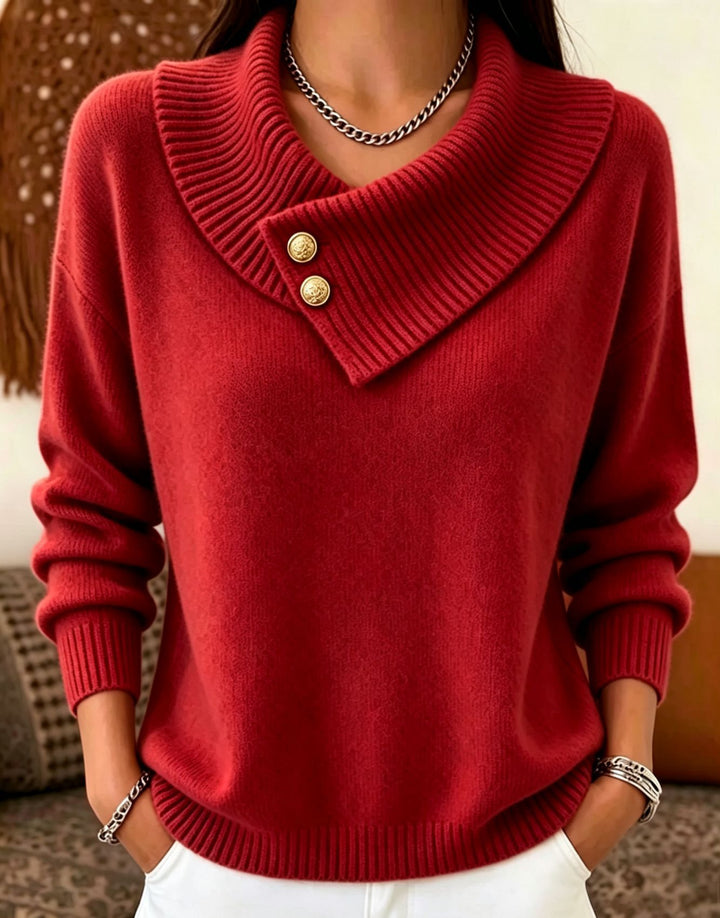 Women's fine knit pullover with overlapping shawl collar and decorative buttons Mune Fashion