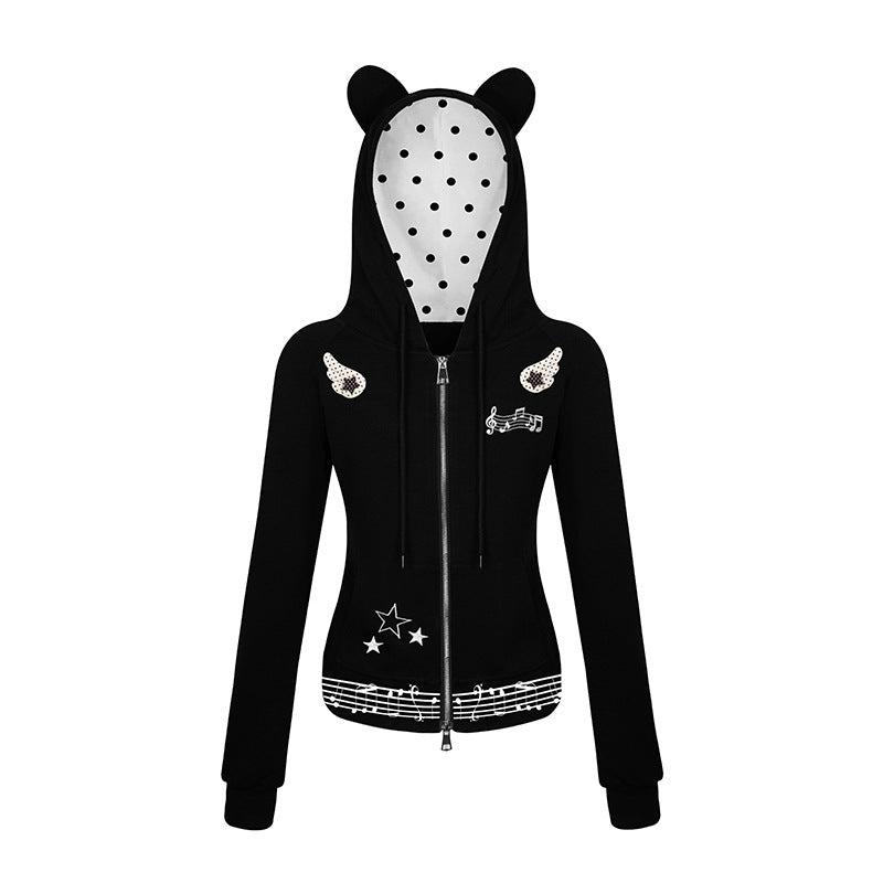 Women's hooded sweat jacket with bear ears, zipper, musical print and polka lining Mune Fashion