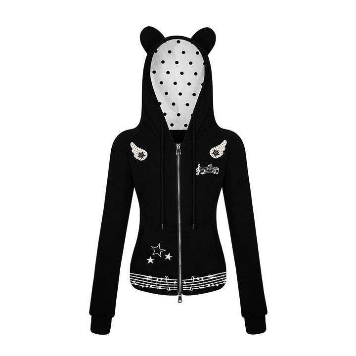 Women's hooded sweat jacket with bear ears, zipper, musical print and polka lining Mune Fashion