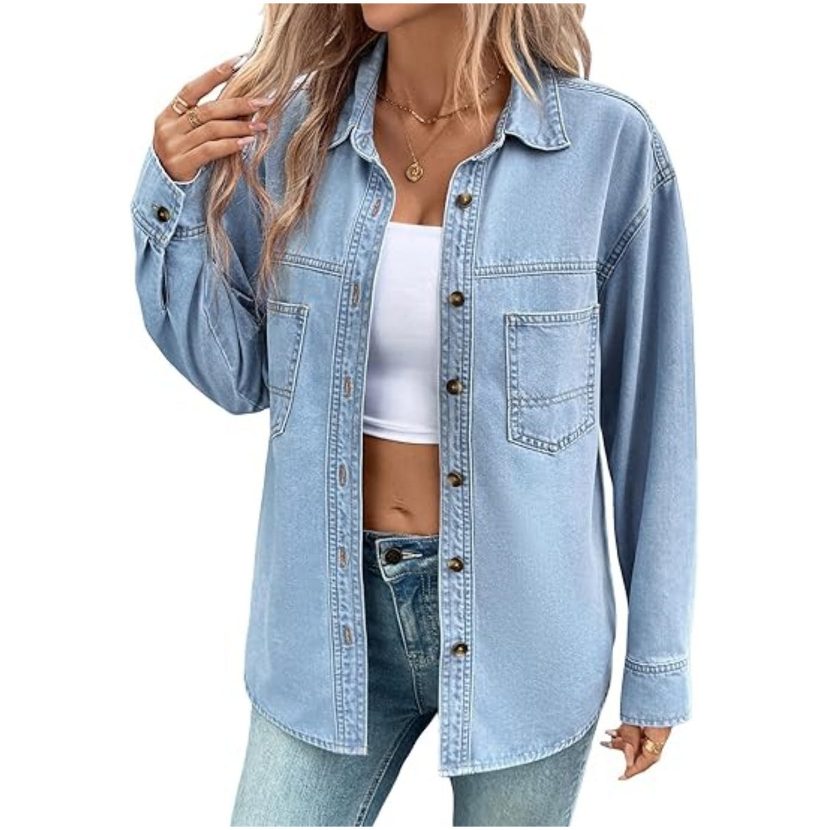 Women's Oversized Denim Shirt Jacket with Chest Pockets Mune Fashion