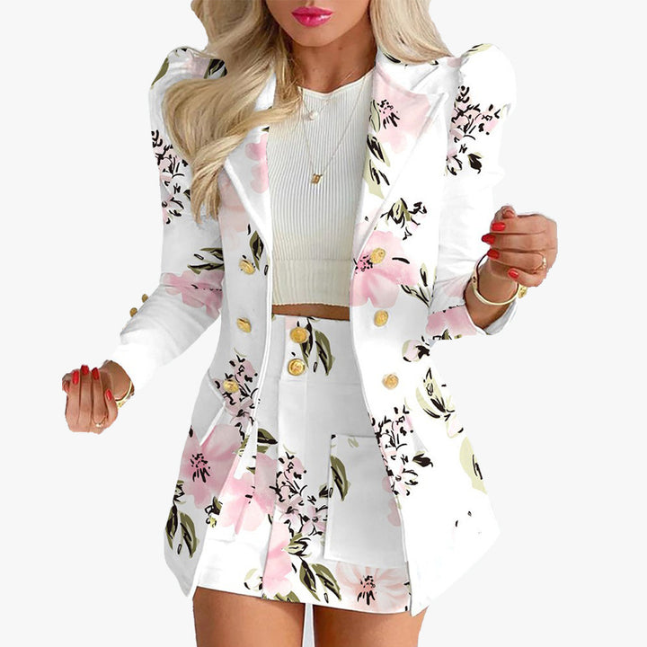 Ladies nan tailored two-piece business suit with double-breasted blazer and figure-hugging mini skirt Mune Fashion
