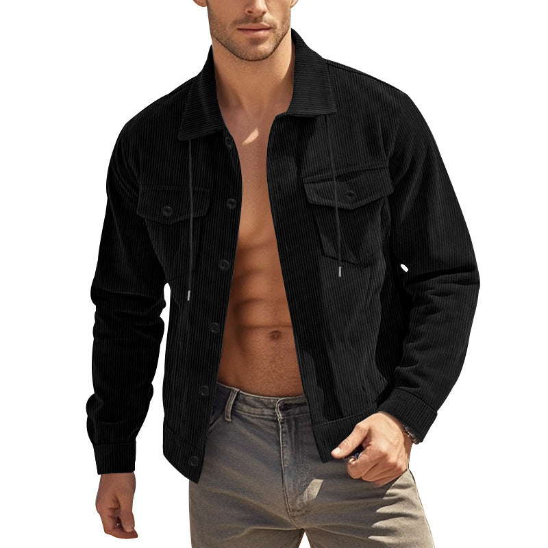 Men's casual fine ribbed cord jacket with stand-up collar, chest pockets and elastic hem Mune Fashion