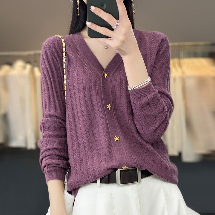 Women Lightweight V-Neck Cardigan with Textured Vertical Stripes and Star Buttons Mune Fashion