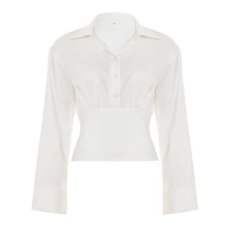 Women's fitted cropped blouse with shirt collar and wide stretchy waistband Mune Fashion