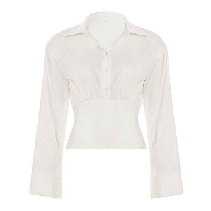 Women's fitted cropped blouse with shirt collar and wide stretchy waistband Mune Fashion