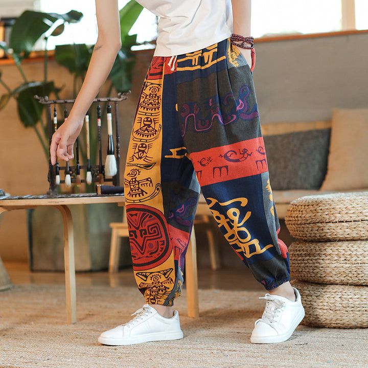 Men's Wide Harem Pants in Boho Print with Elastic Drawstring and Ruffled Anklebands Mune Fashion