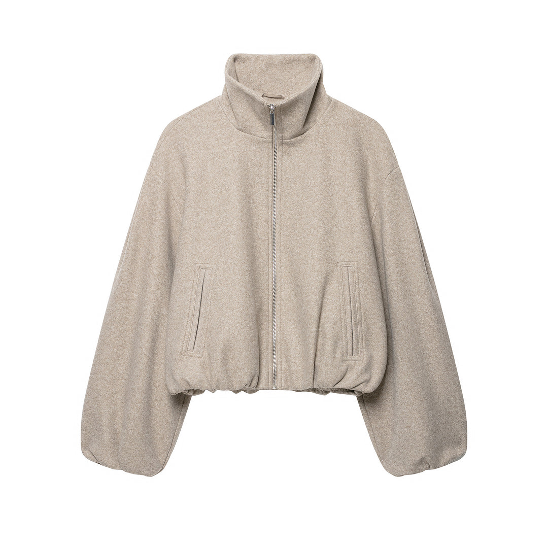 Women's Cropped Wool Blend Blouson Jacket with High Funnel Neck, Zipper and Gathered Hem