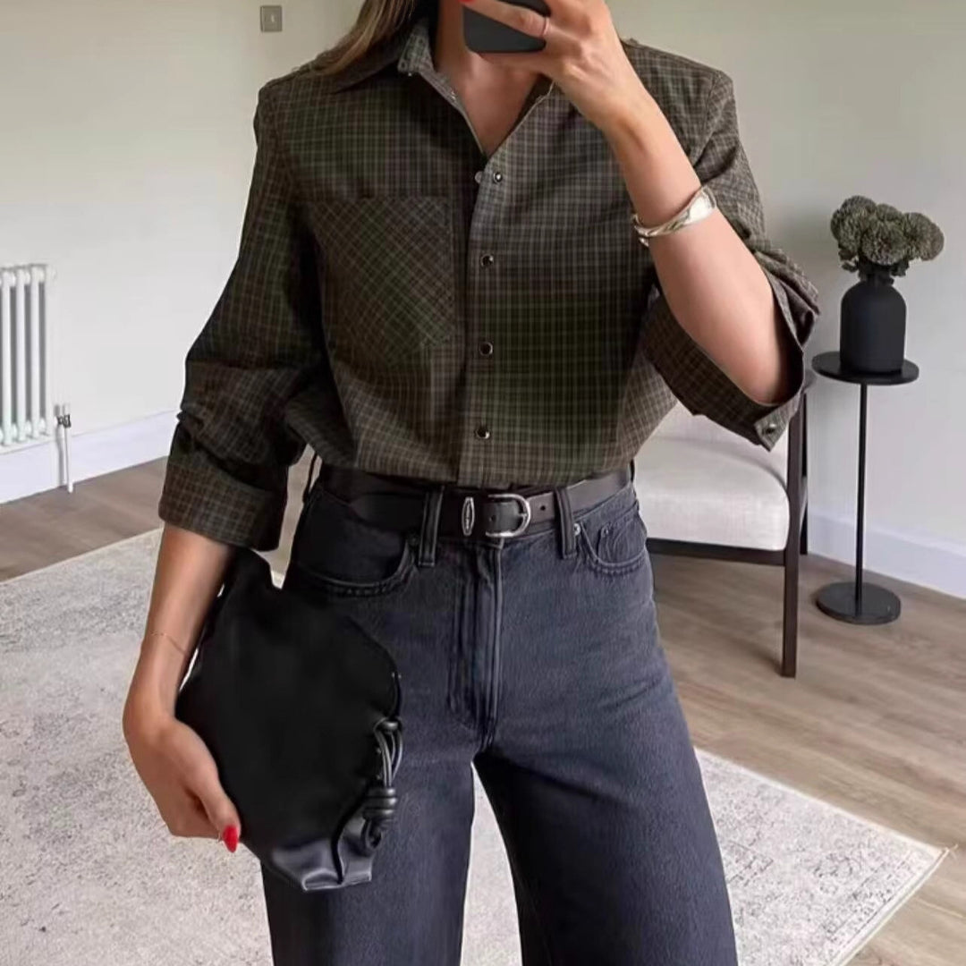 Women Oversize Check Shirt with Chest Pocket and Curved Hem Mune Fashion