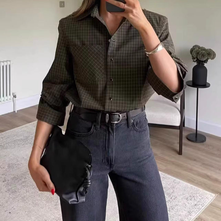 Women Oversize Check Shirt with Chest Pocket and Curved Hem Mune Fashion