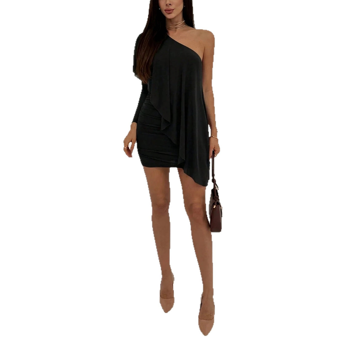 Women's asymmetrical off-the-shoulder mini dress with draping and gathered skirt Mune Fashion
