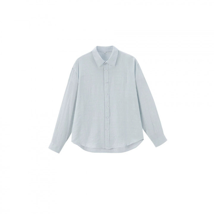 Women's Loose Textured Linen-Cotton Shirt with Kent Collar and Rounded Hem Mune Fashion