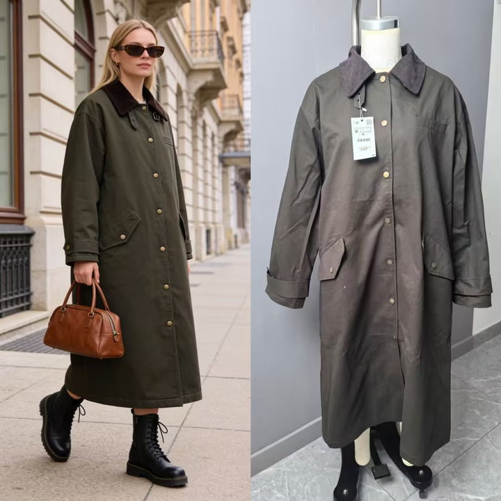 Women's long waterproof parka coat with cord collar and snap button placket Mune Fashion