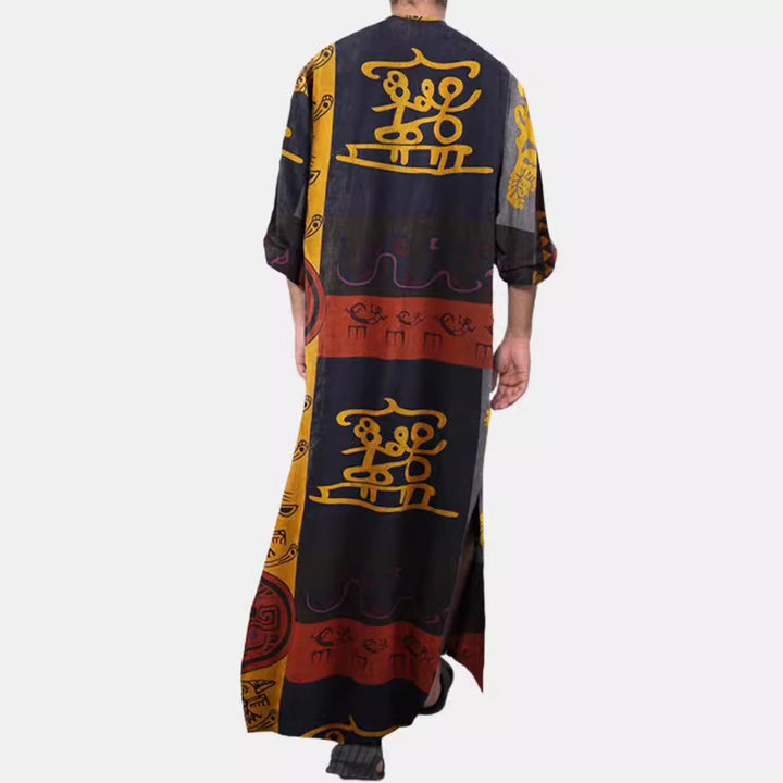 Ladies' Ethno-Maxi dress with stand-up collar, short button placket, dropped sleeves, and A-line cut Mune Fashion